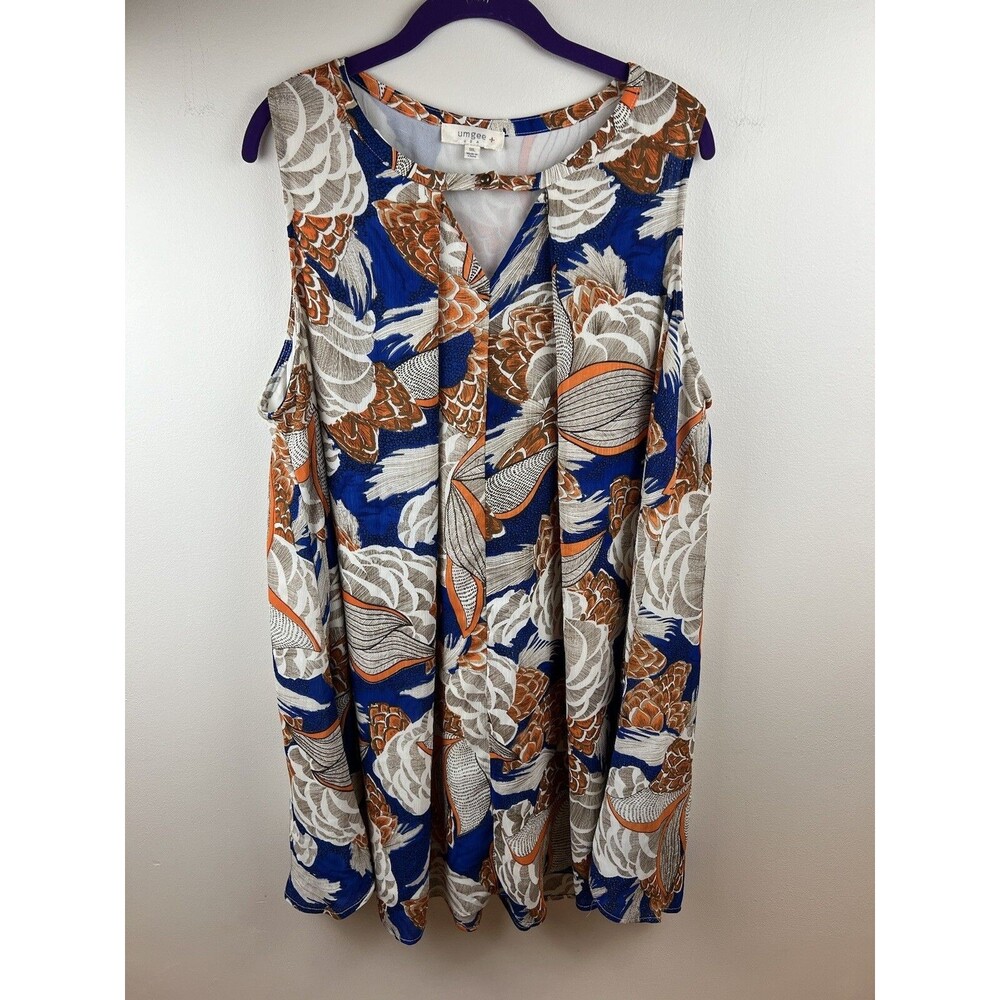 Umgee Blue Orange Split Neck Trapeze Aline Swing Lined Tunic Blouse BOHO Sz 1XL